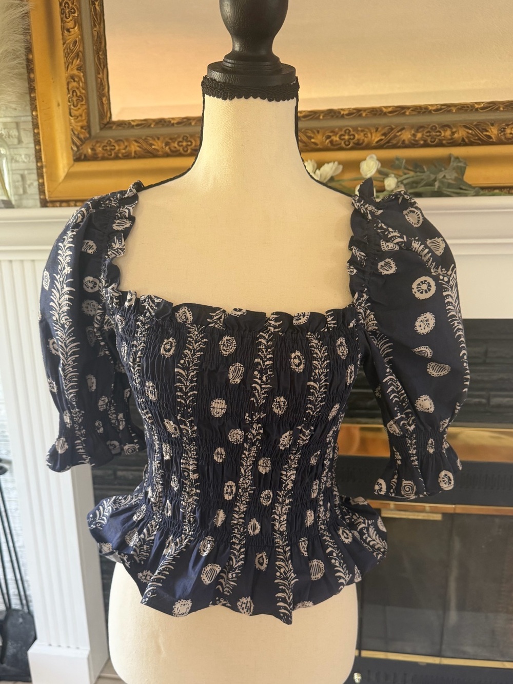 RHODE Navy Smocked Floral Square-Neck Top